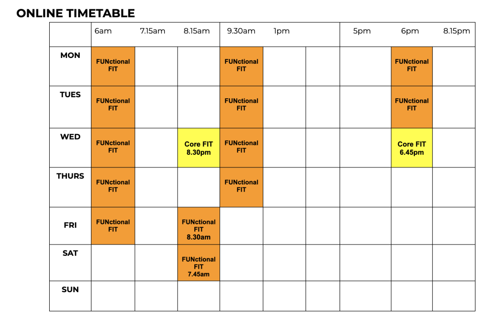AbFabFit Club Online timetable. BoxFIT will rotate through the week on different days.